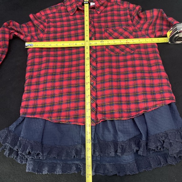 BDG Urban Outfitter Louie Red Plaid Flannel Shirt Layered Lace Ruffled Detail SP - Picture 11 of 14